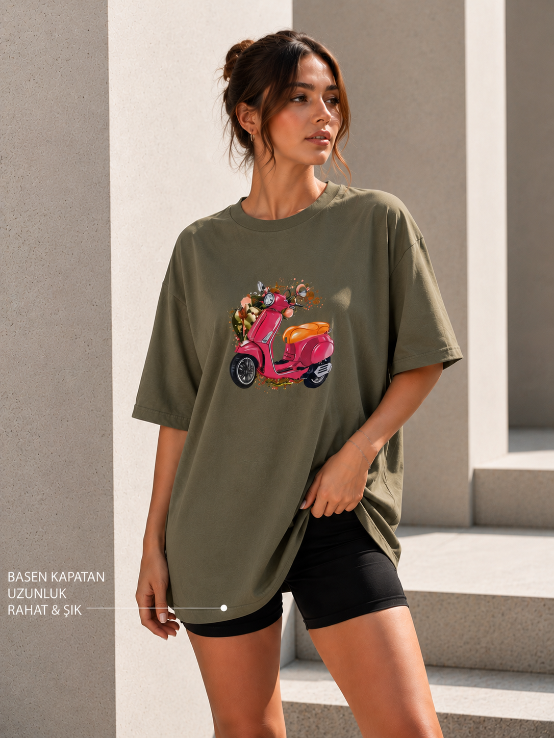 Oversize Baskılı T-Shirt Kadın Vespa Motor