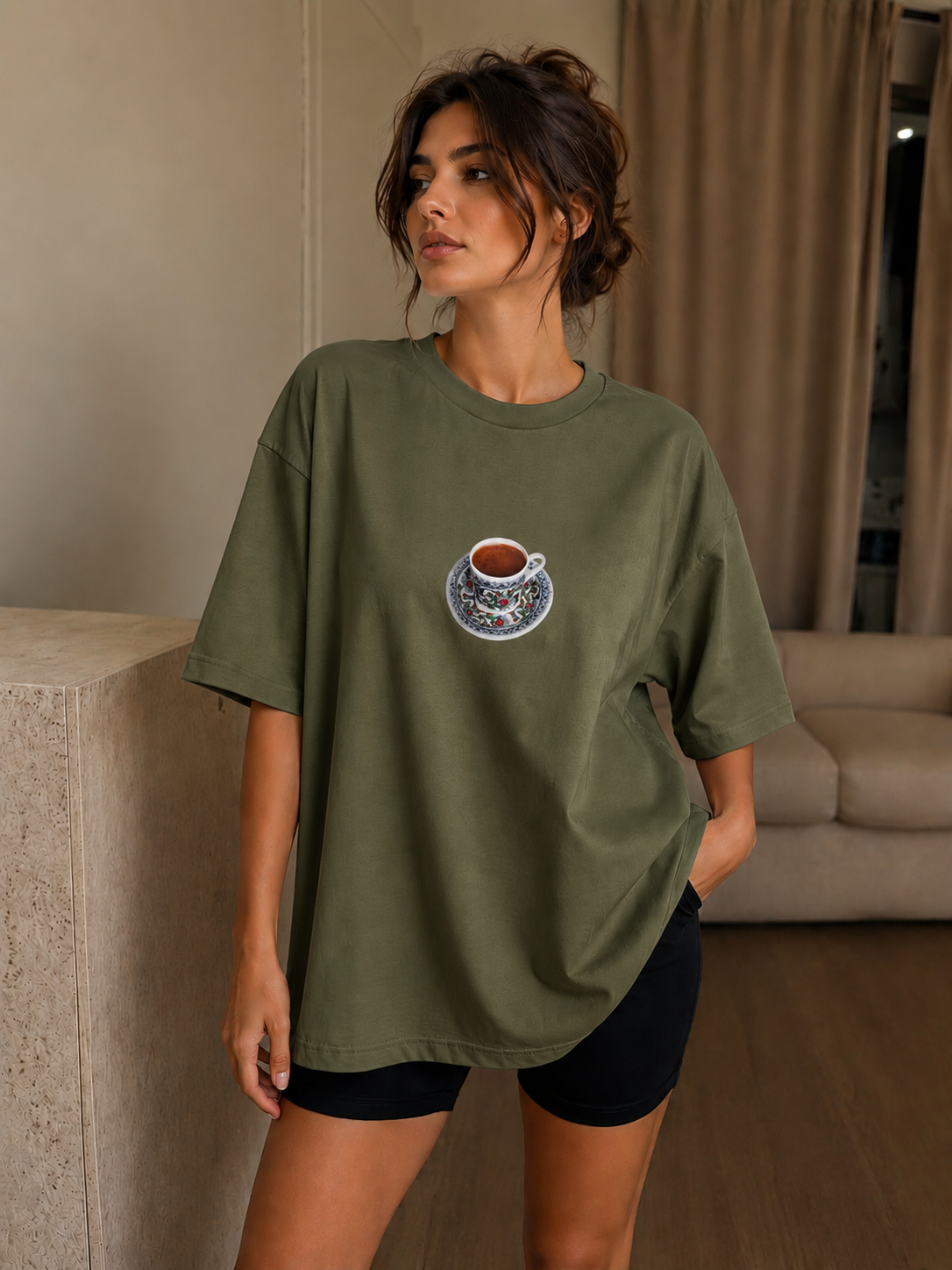Oversize Baskılı T-Shirt Kadın Türk Kahvesi
