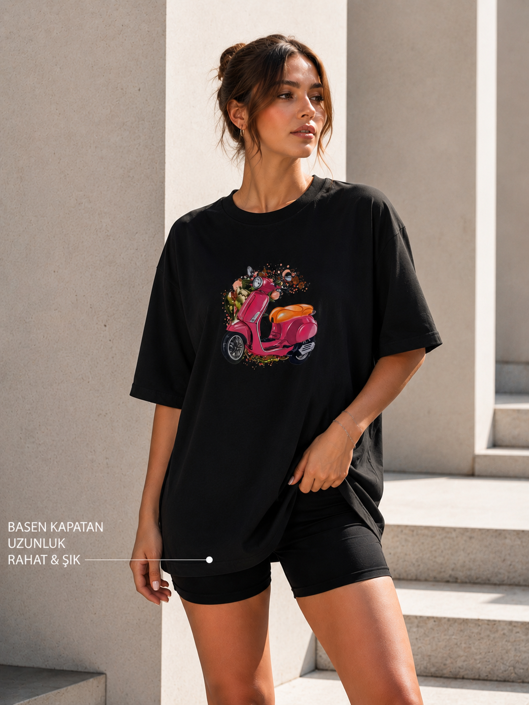 Oversize Baskılı T-Shirt Kadın Vespa Motor
