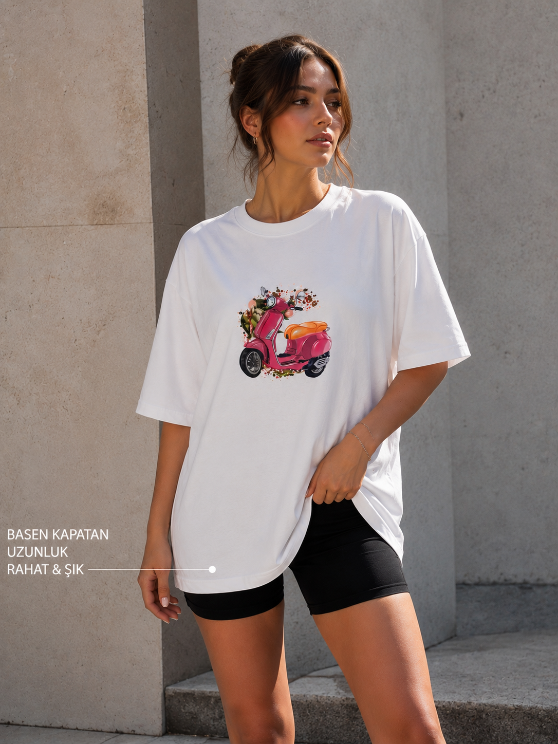 Oversize Baskılı T-Shirt Kadın Vespa Motor