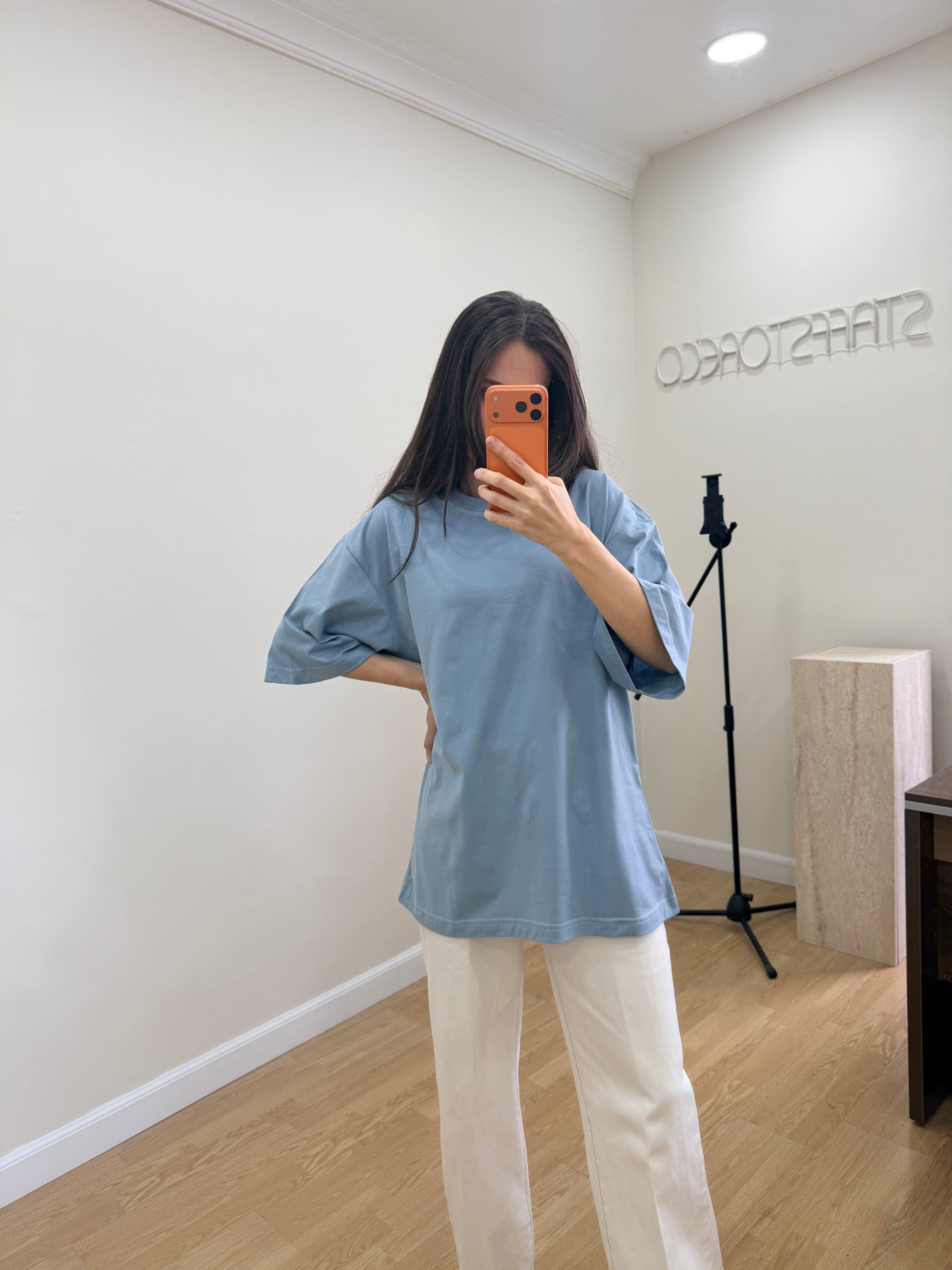 Oversize T-Shirt İndigo Mavi Kadın