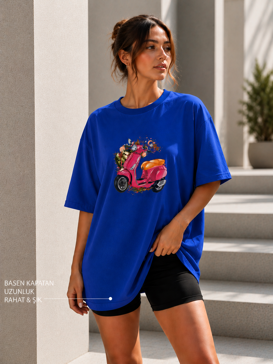 Oversize Baskılı T-Shirt Kadın Vespa Motor