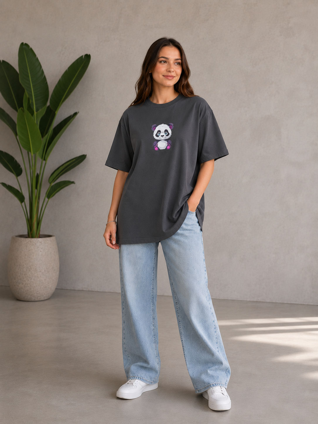 Oversize Baskılı T-Shirt Kadın Panda