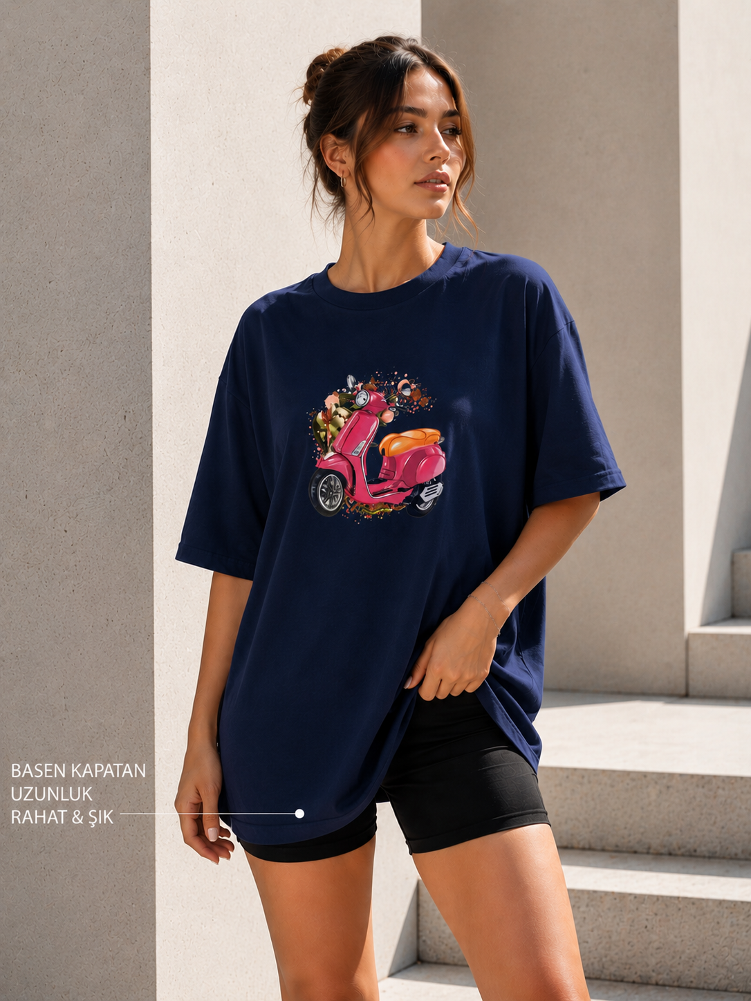 Oversize Baskılı T-Shirt Kadın Vespa Motor