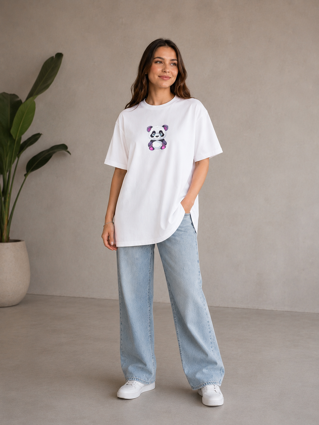Oversize Baskılı T-Shirt Kadın Panda