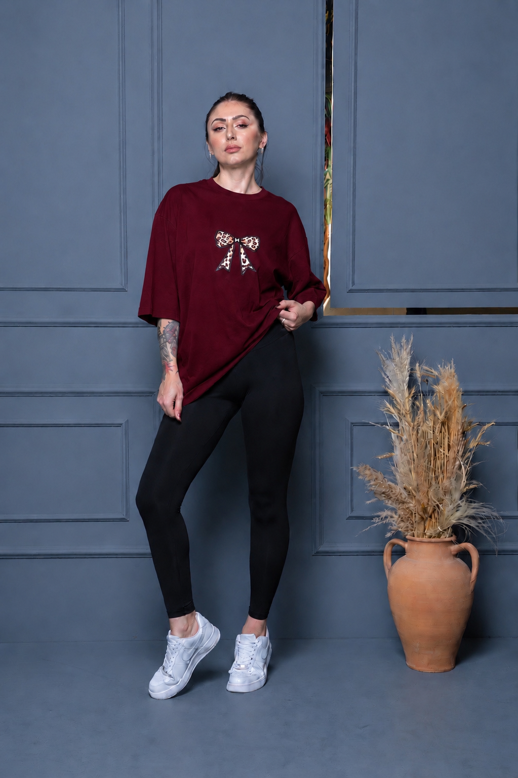 Oversize Baskılı T-Shirt Kadın Leopar Fiyonk
