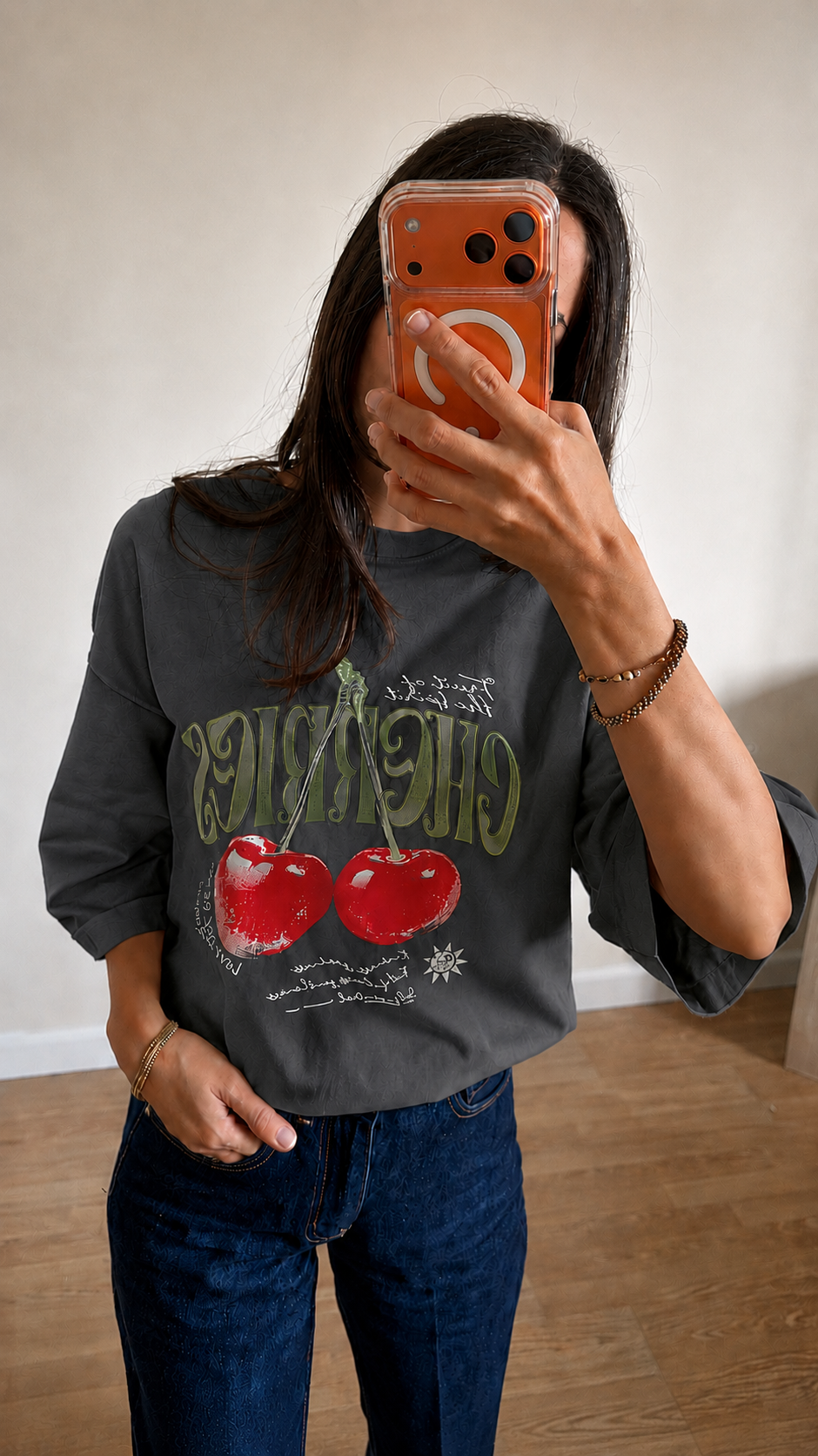Oversize Baskılı T-Shirt Kadın CHERRY