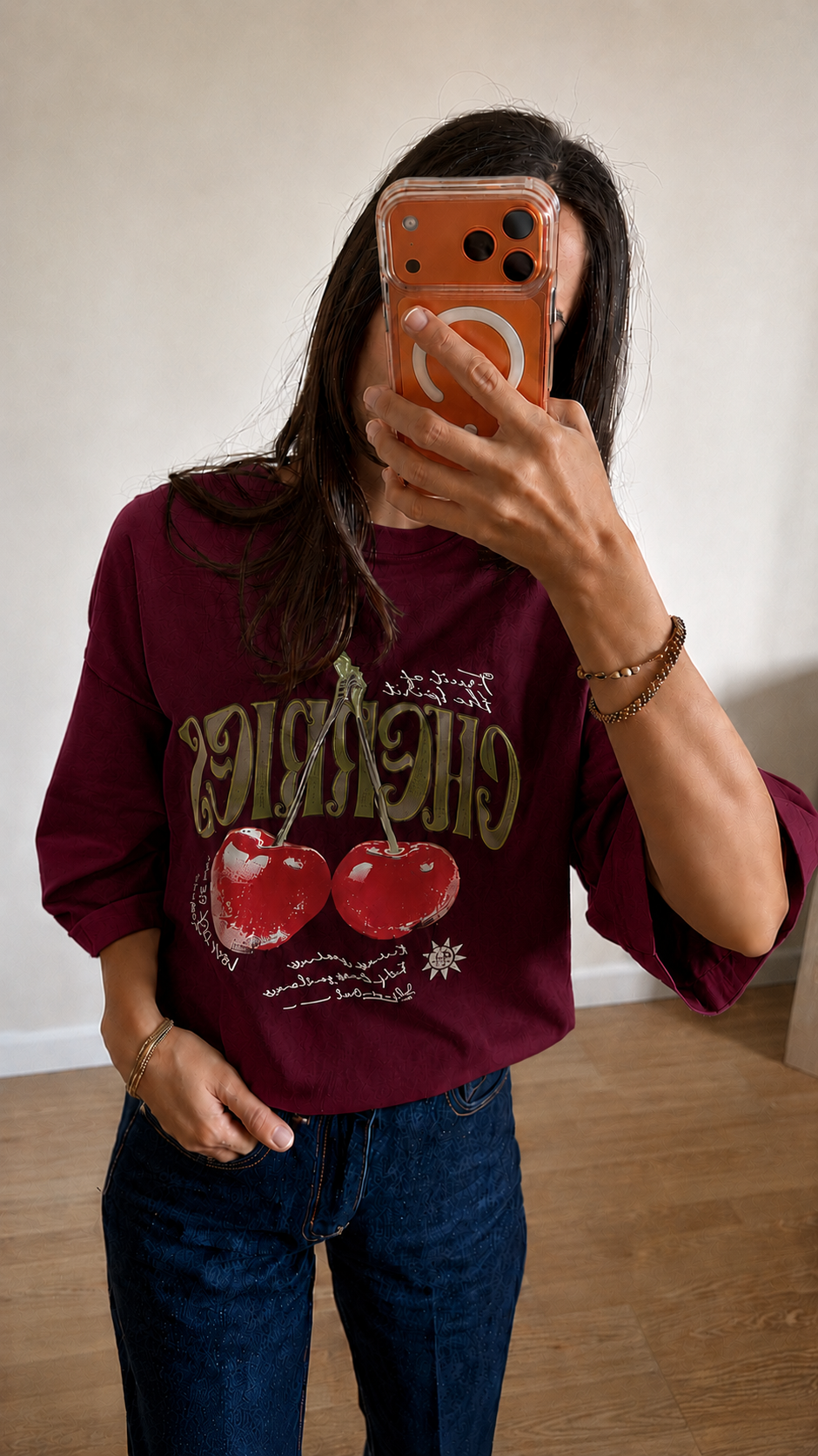 Oversize Baskılı T-Shirt Kadın CHERRY